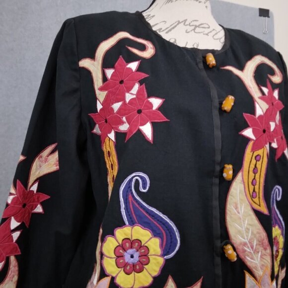 Alex Kim | Black Floral Embroidered Appliqué Linen Jacket Boho Fall|  | Size M - Picture 2 of 8
